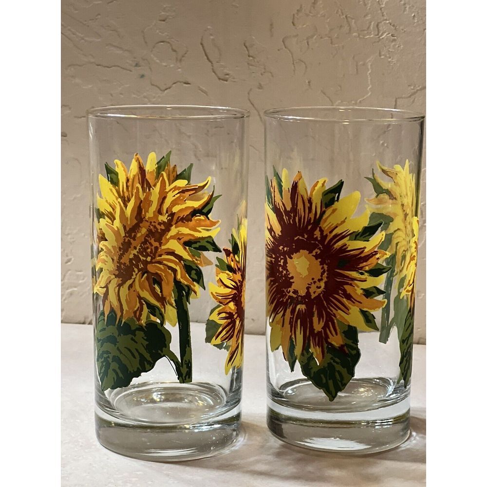 Pair Of Vintage Heavy Libbey Crisa Sunflower Drinking Glass‎ 12 oz.